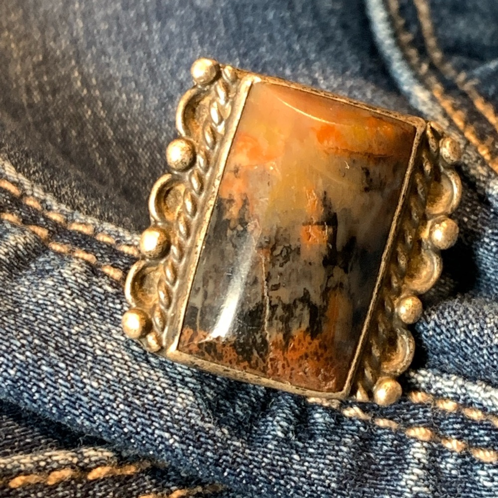 Antique Sz 7 Ring Sterling Silver Square Petrified Wood Unmarked Navajo Pawn